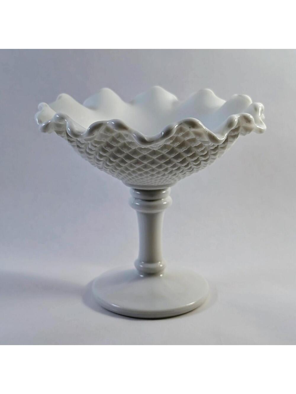 Westmoreland Milk Glass Pedestal Compote Dish, Ruffled Edge & Diamond Point